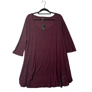Torrid Womens 2 2X 18-20 Deep Merlot Lace Inset Top 3/4 Sleeve‎ Stretchy